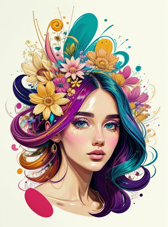 Criar uma obra de arte digital no estilo pop art, apresentando uma mulher vibrante e confiante com maquiagem ousada e moda colorida, Cinematic Color Scheme, surrounded by abstract flower patterns, Energetic brushstrokes,Humor should be dynamic.