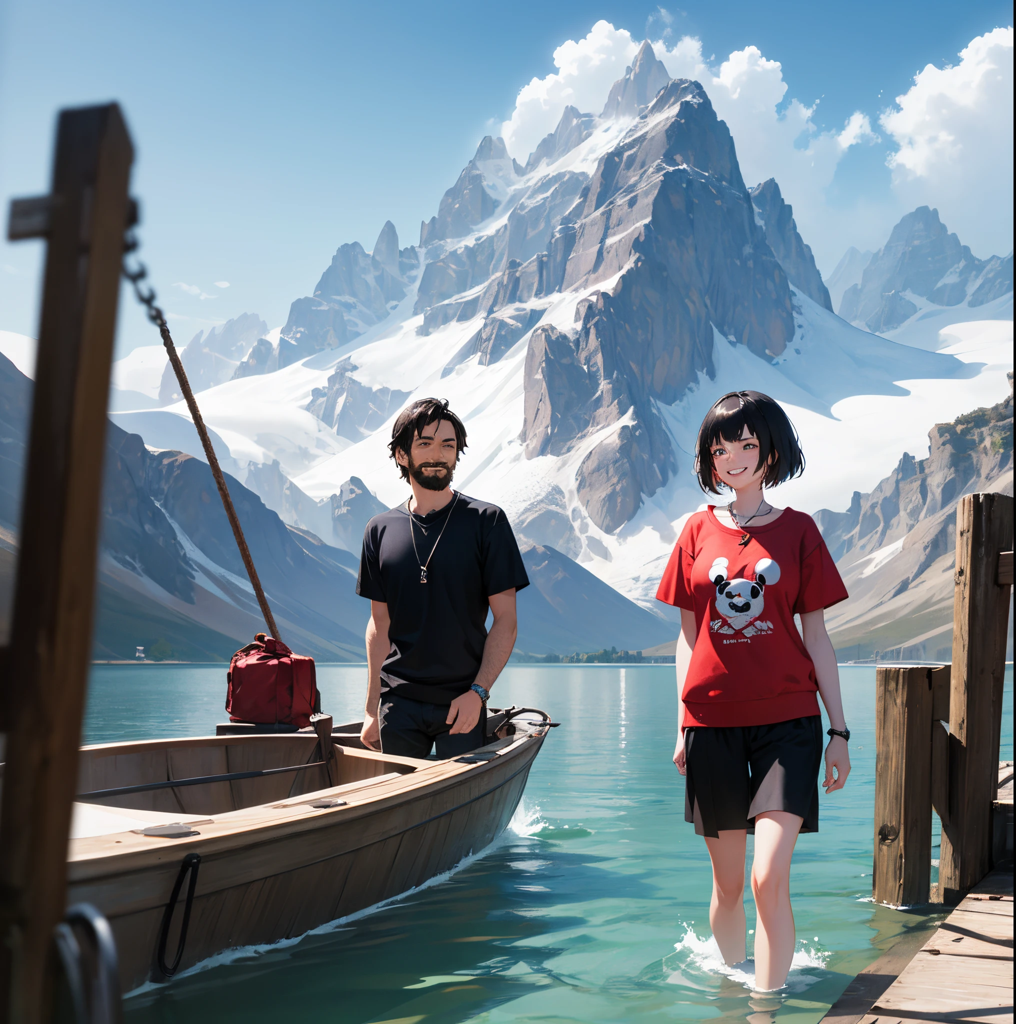 They are a man and a woman in a boat.  The boat is not visible.  Mountains are visible in the left corner of the photo.  Just below the mountains you can see the water from the lake.  The girl with brown-black hair in the left corner of the photo is smiling with teeth.  She has black eyebrows.  The man has black short hair and a long black beard.  He stands at the right end of the picture and looks serious.  He is wearing a red t-shirt and a red sweatshirt.  He has a silver chain around his neck. They are Disney Pixar 3D Animated Characters