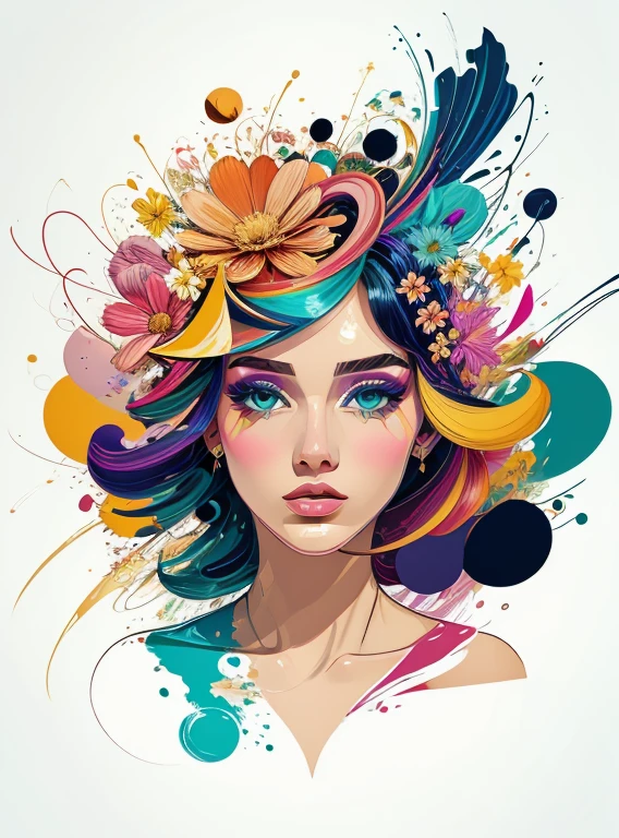 Criar uma obra de arte digital no estilo pop art, apresentando uma mulher vibrante e confiante com maquiagem ousada e moda colorida, Cinematic Color Scheme, surrounded by abstract flower patterns, Energetic brushstrokes,Humor should be dynamic.