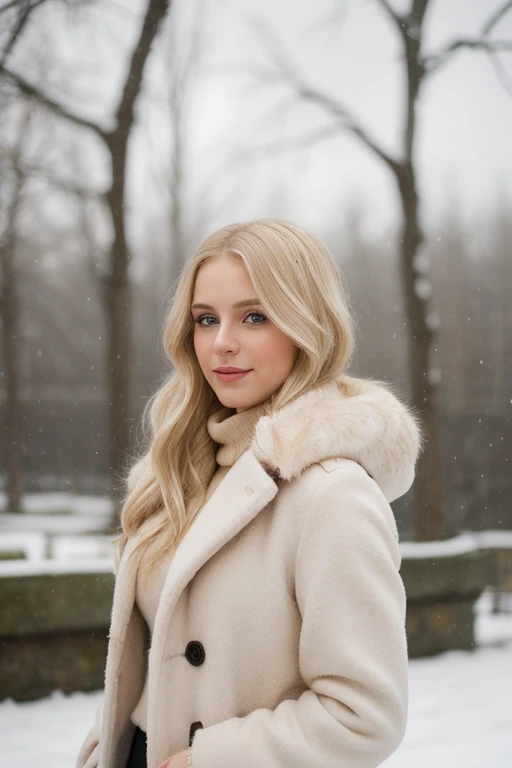 (masterpiece), (one girl 27 year old) (((Caucasian))) A very beautiful blonde woman, wearing a beige fur coat, her hair is blond and long, a snowy day, outside, facial details, 27 years old, aura,in the snow, pastel colours, woolen polo neck, snowy outdoors, show some midriff and abs