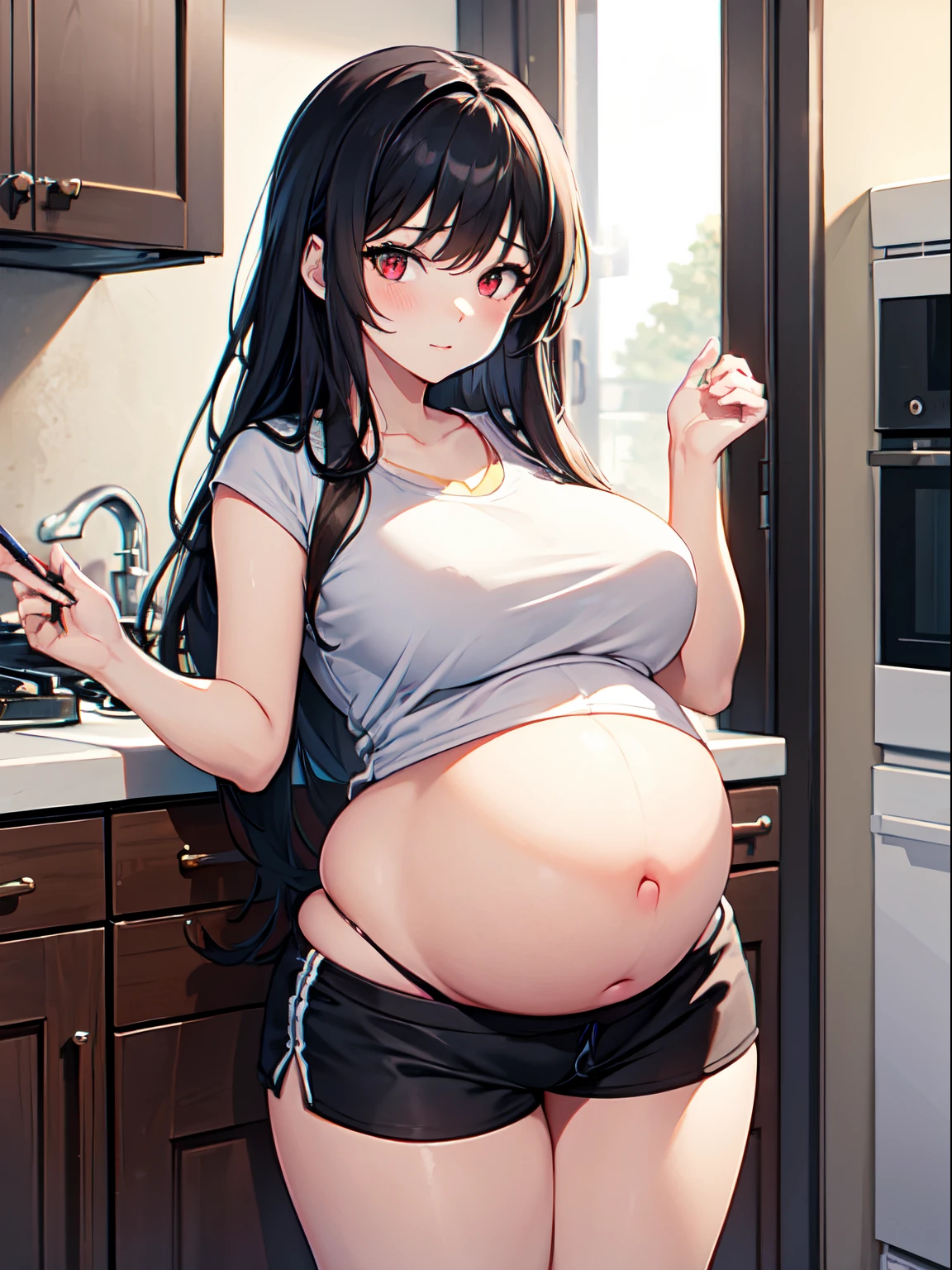 1girl, red eyes, black long hair, pregnant body, white crop top, short house shorts, kitchen, standing, massive pregnant belly, girl touching her sides