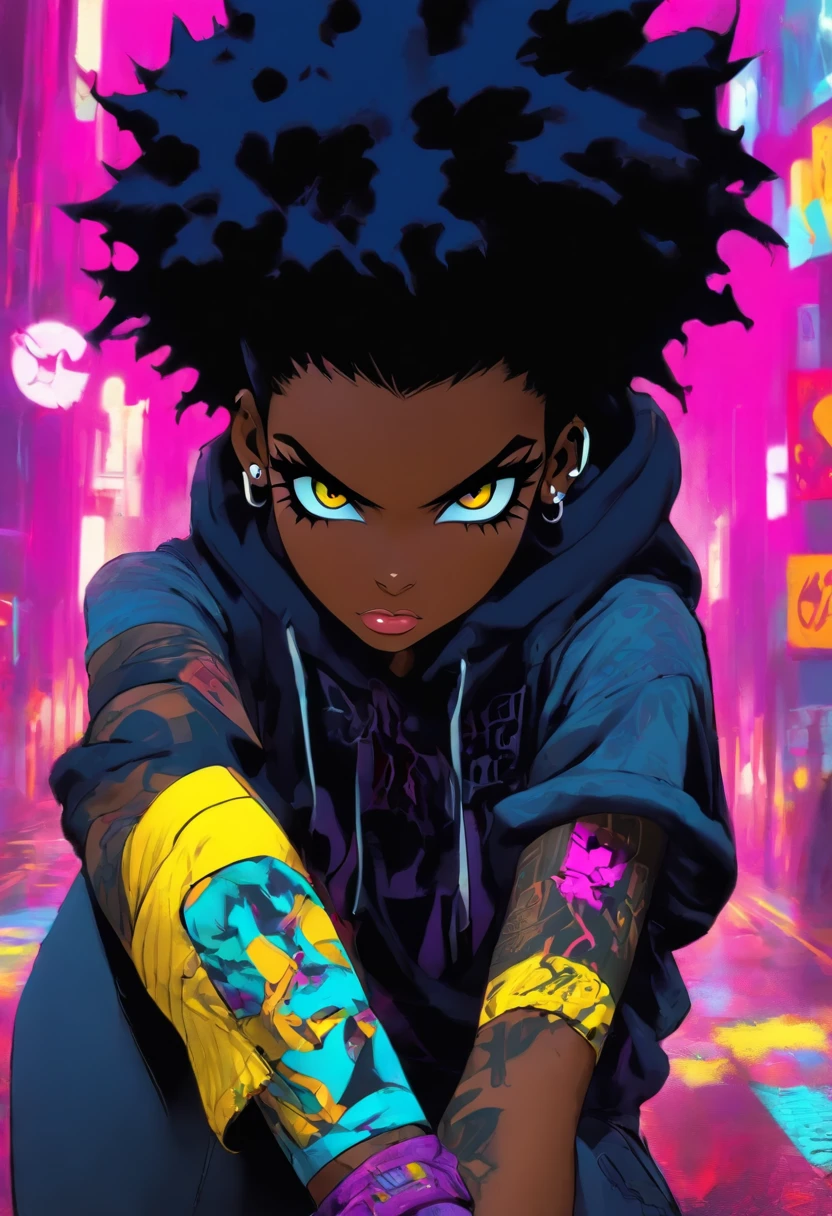 The most beautiful and sexy punk rock girl, black Afro, black and purple, blue hair, yellow eyes, dark skin, (full body concept), wearing a hoodie, Graphic design jacket and torn skinny jeans, tons of tattoos and piercings, Perfect masterpiece, high quality, High resolution, big tits