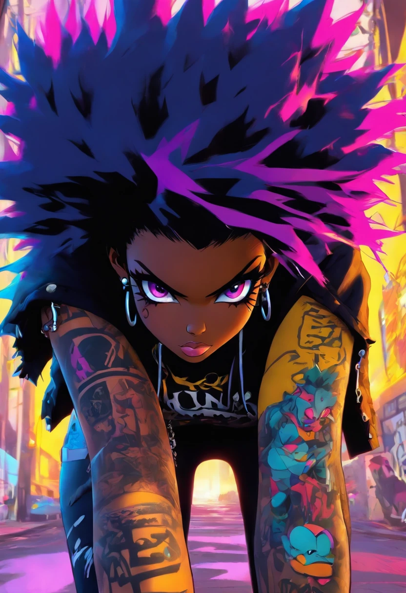 The most beautiful and sexy punk rock girl, black Afro, black and purple, blue hair, yellow eyes, dark skin, (full body concept), wearing a hoodie, Graphic design jacket and torn skinny jeans, tons of tattoos and piercings, Perfect masterpiece, high quality, High resolution, big tits