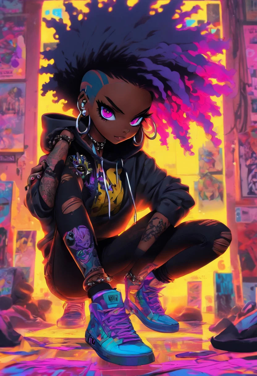 The most beautiful and sexy punk rock girl, black Afro, black and purple, blue hair, yellow eyes, dark skin, (full body concept), wearing a hoodie, Graphic design jacket and torn skinny jeans, tons of tattoos and piercings, Perfect masterpiece, high quality, High resolution, big tits