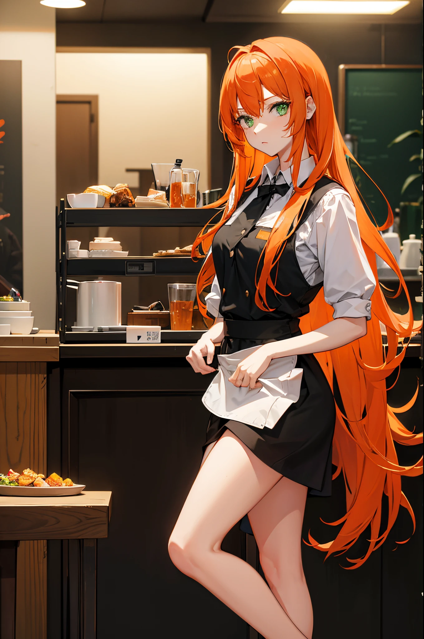 1 woman, long orange hair, green eyes, waitress, standing on ground, high res, ultra sharp, 8K, masterpiece
