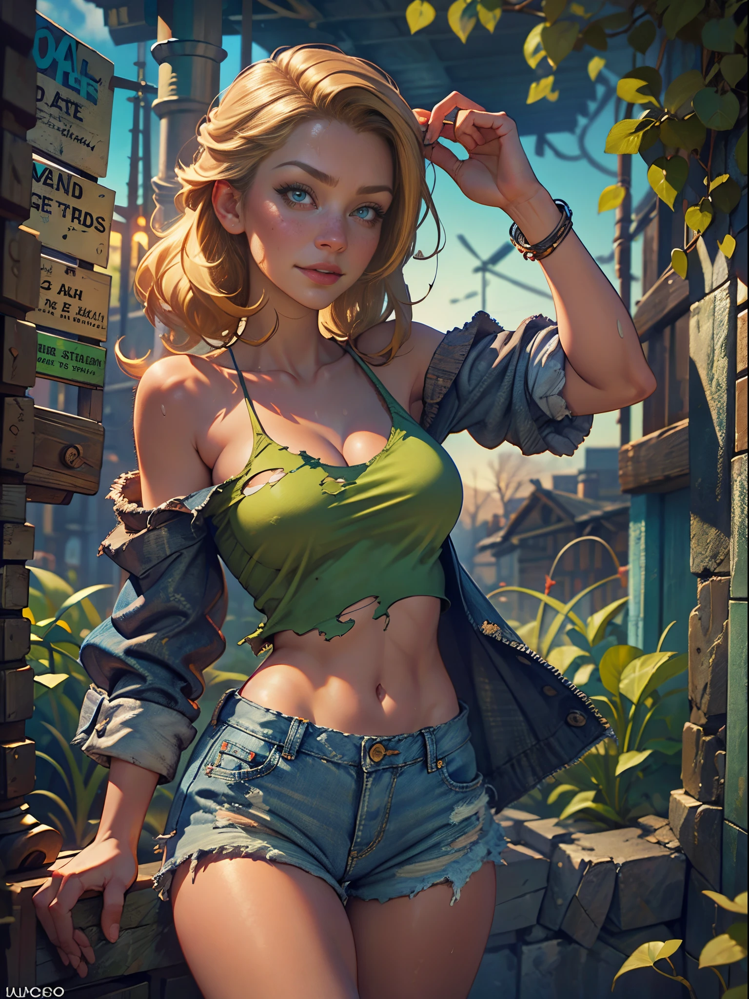 2076 year. The Urban Ruins of the Wasteland, Female huntress picking fruit in the garden, beautiful face, blonde, very torn shirt and denim shorts, shirt in tatters , long legs, sweating through, sun rising, Nice warm colors, head to toe full body shot