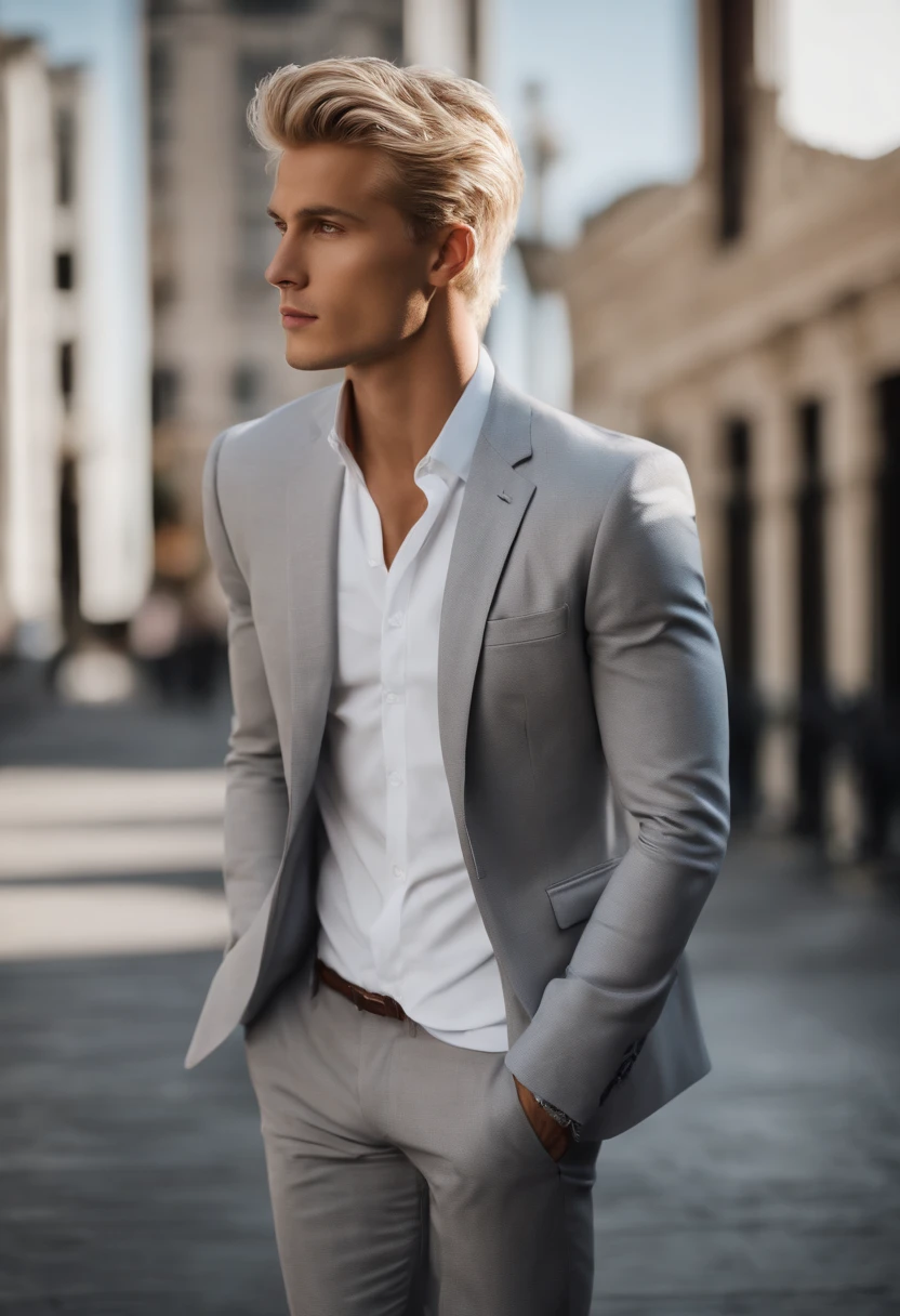 Man in gray suit with white shirt, long short blond hair, and blue eyes, attractive male, handsome male, handsome young man, handsome and attractive, blonde and attractive features, attractive man, attractive young man, standing like a model in office landscape, busy , cool _ hairstyle, blond man, slim man with light tanned skin, Young man with long length, black shoes, 8k