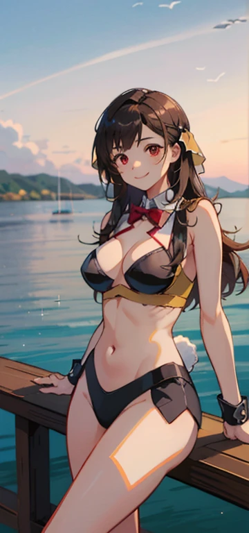 masterpiece, leaning on a pier, best quality, finely detailed, high resolution, extremely delicate and beautiful, (bunny girl), (large breasts), (red eyes), smile, toned body, exposed midriff
