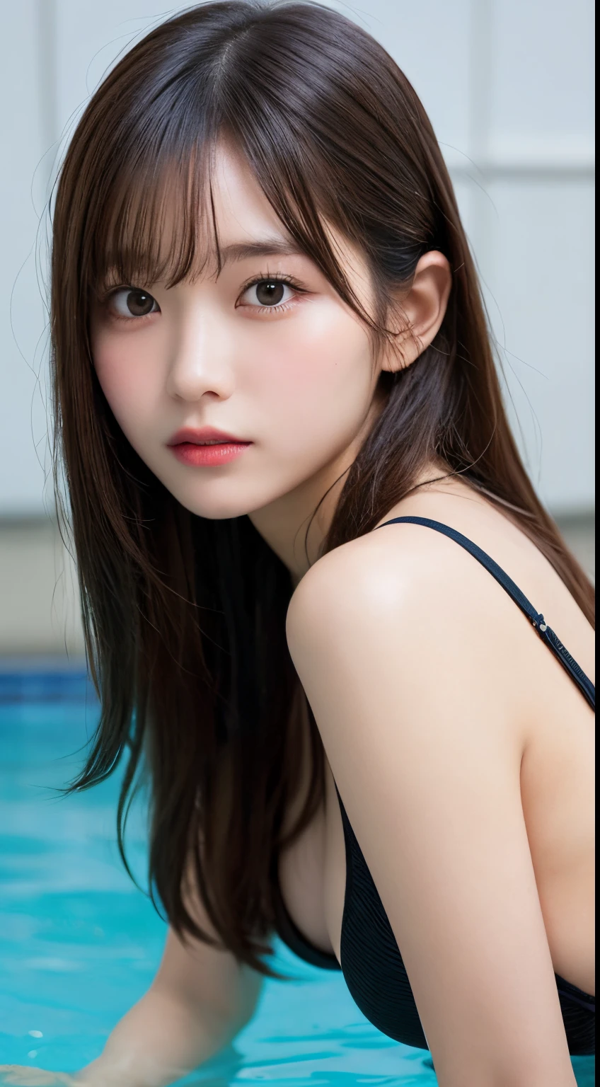 finely detail, hight resolution, hightquality、Perfect dynamic composition, Beautiful detailed eyes, Medium Hair, small tits、Natural Color Lip,Kamimei、High 、1 persons、Transparent skin、Glowing hair、masutepiece, Best Quality, Illustration, Ultra-detailed, finely detail, hight resolution, 8K、The correct state of the human body、crouching down、Gravure Model Pose、swim wears