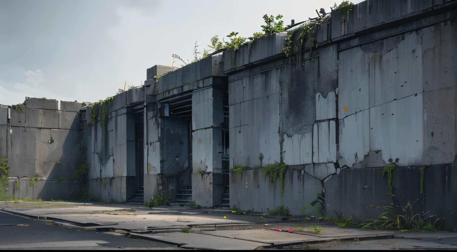 scenery, no human, (masterpiece, best quality:1.5), 8k, raw photo, absurdres, overgrown, perspective, depth of field, post-apocalypse, concrete, asphalt, building, end of world, (high walls), dusty, ruins, HDR, sharp focus, highres, photography, realistic, highest detailed, extreme detailed, ultra detailed, finely detail