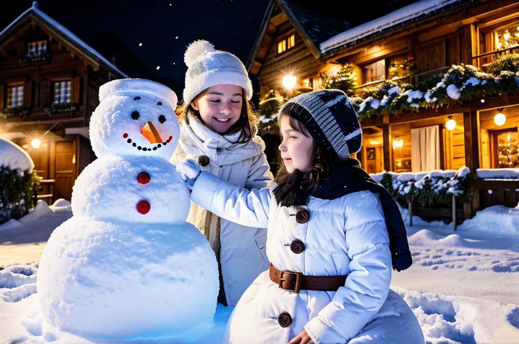 closeup on two  building a big snowman, snow, christmas, medieval village in switzerland, volumetric lighting, sunbeams, particle, detailed faces, detailed body