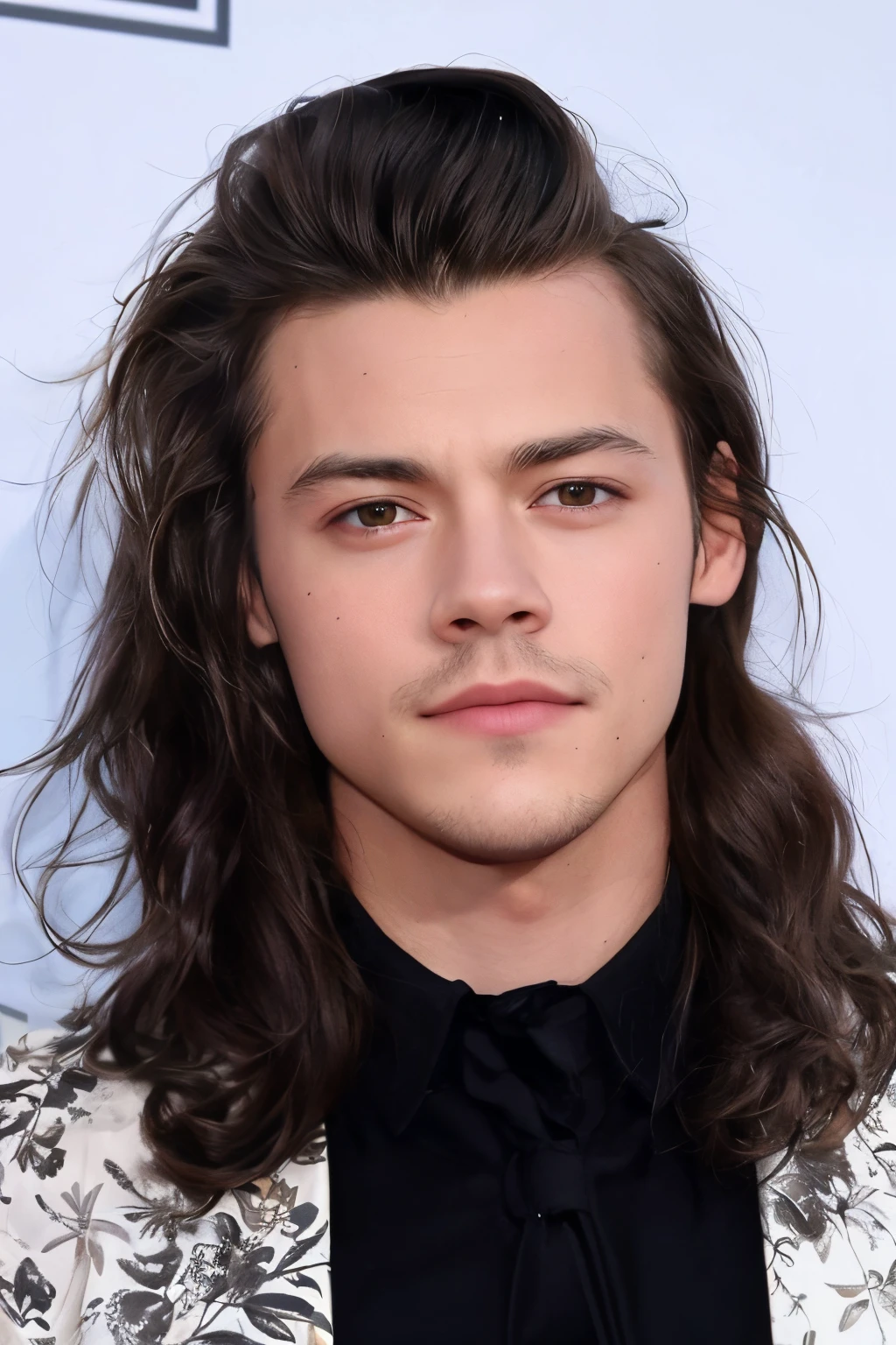 un primer plano de un hombre con pelo largo y corbata, Harry Styles, con su largo cabello negro, Has short, curly brown hair, Joe Keery, Cabello medio largo, Tiene pelos grises oscuros, mirada traviesa, Liam, his hair is messy and unkempt, cara hermosa, con el mismo peinado, cara guapa