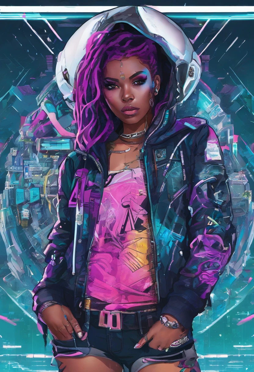 The most beautiful and sexy punk rock girl, black Afro, black and purple, blue hair, yellow eyes, dark skin, full body, wearing a hoodie, Graphic design jacket and torn skinny jeans, tons of tattoos and piercings, Perfect masterpiece, high quality, High resolution, big tits