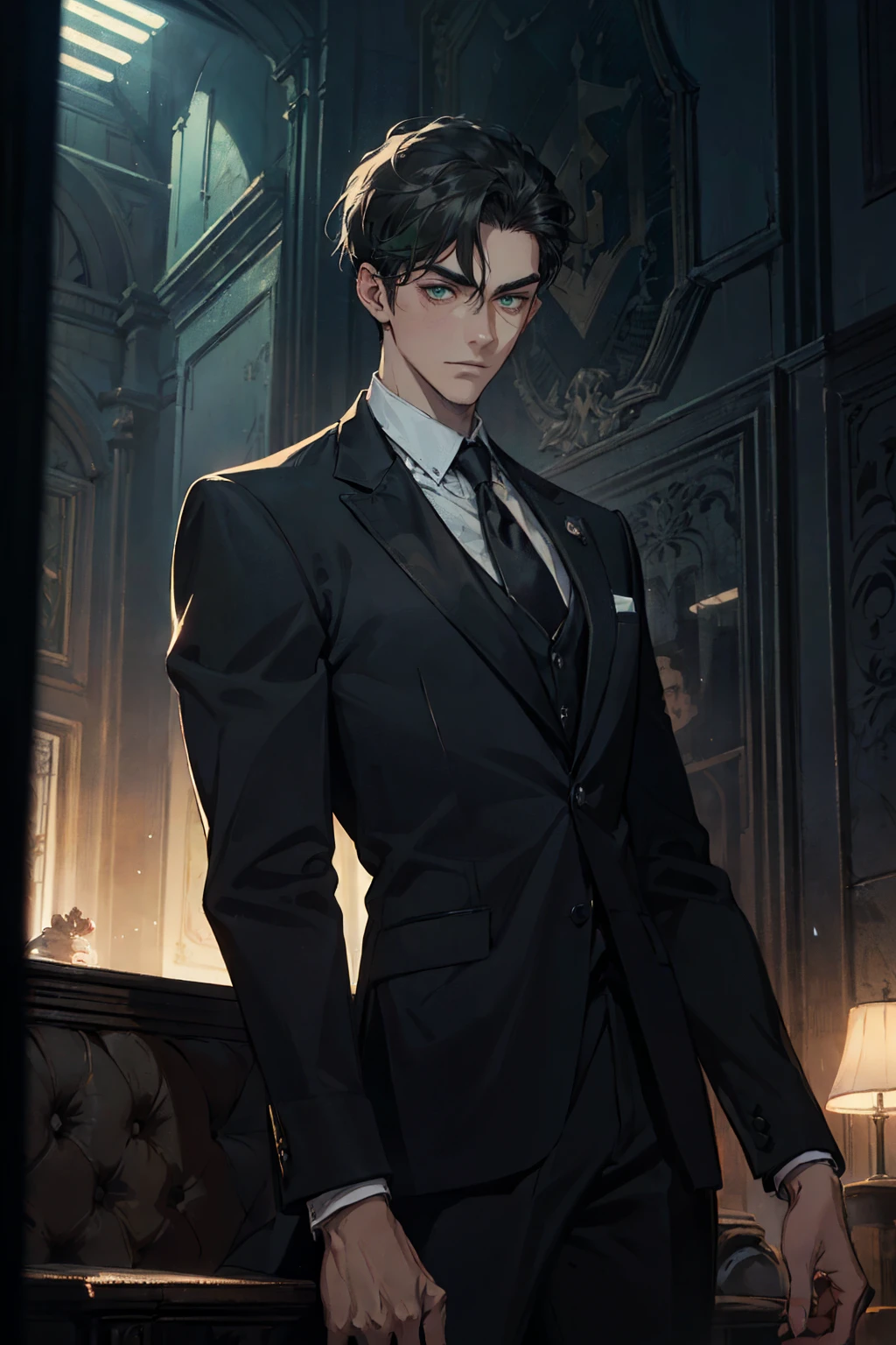 ((One young man with a black suit and tie)), gotham, alejandro, (((side swept dark short hair))), (dark green eyes and thick eyebrows), smirk, ((20 years old)), ((masterpiece)), posture dynamic, ((cinematic lighting)), (height tall around 5'6), sitting