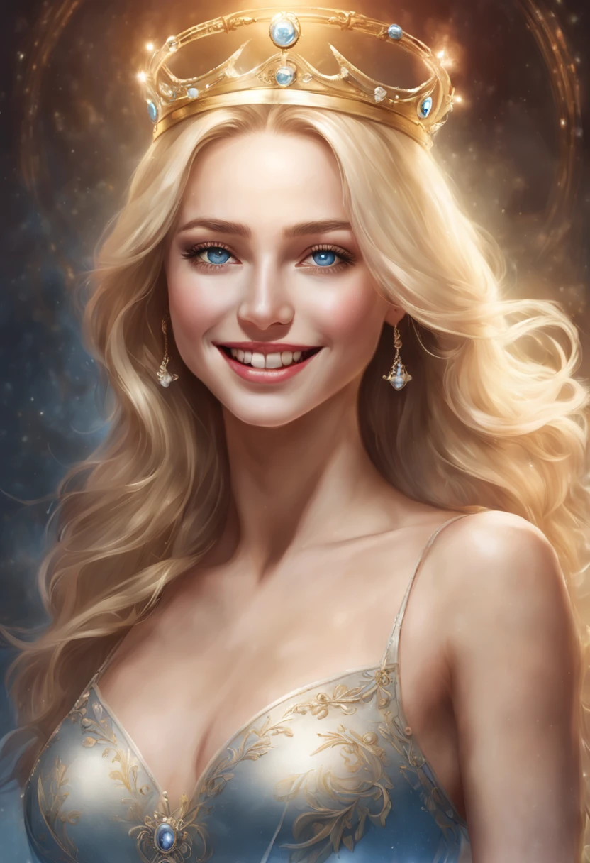 a magnificent woman, blonde, blue eyes, slim, ultra-realistic face, she wears a magnificent smile, she is located in the center of the photo, a luminous halo around her, underneath is written "CHERRY her Majesty"