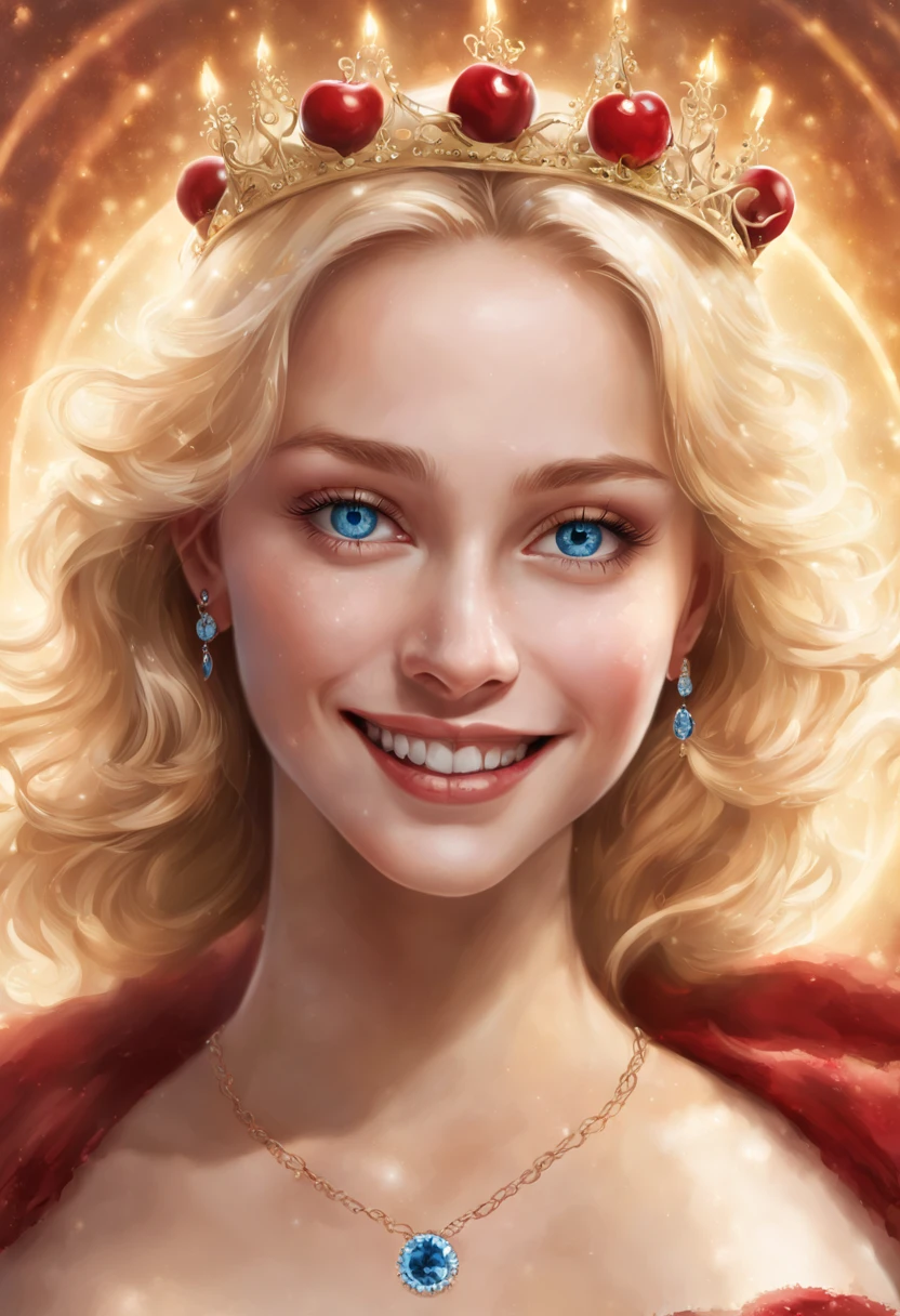 a magnificent woman, blonde, blue eyes, slim, ultra-realistic face, she wears a magnificent smile, she is located in the center of the photo, a luminous halo around her, underneath is written "CHERRY her Majesty"