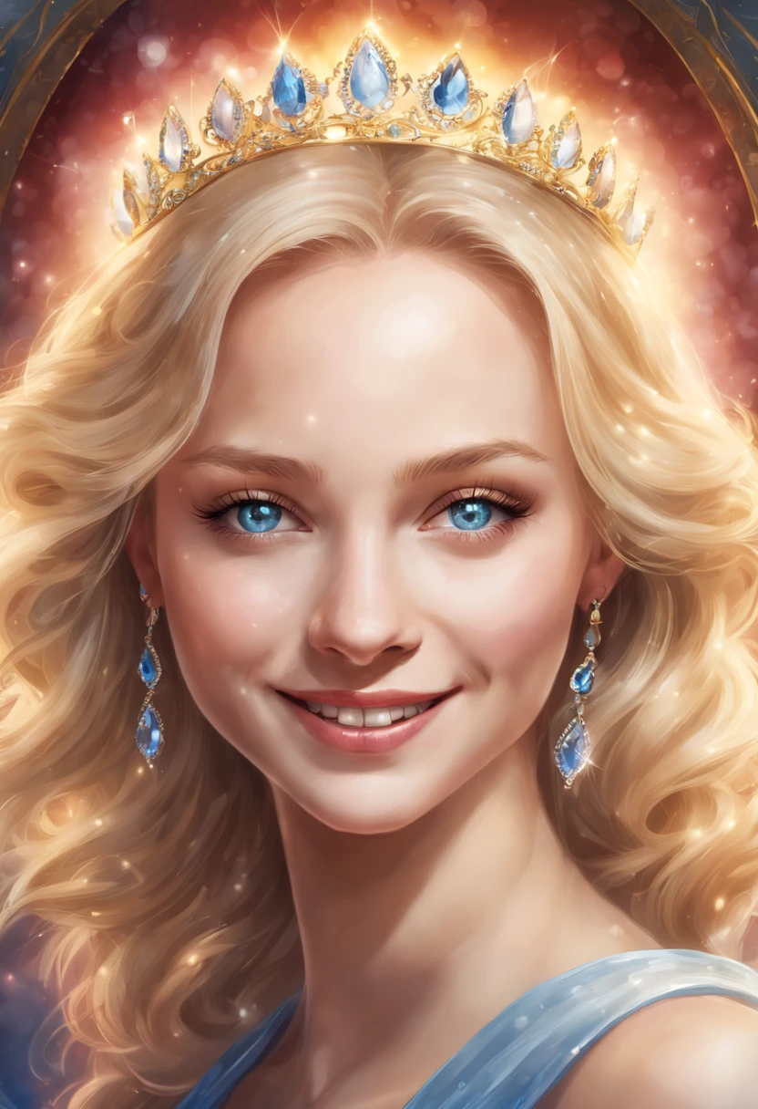 a magnificent woman, blonde, blue eyes, slim, ultra-realistic face, she wears a magnificent smile, she is located in the center of the photo, a luminous halo around her, underneath is written "CHERRY her Majesty"