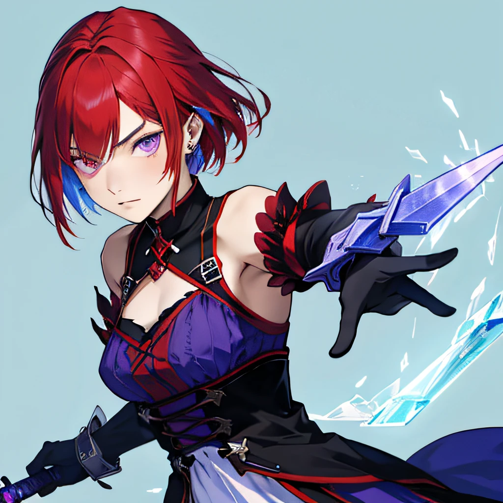 Fantasy fighting girl with short red hairs, with different colors eyes: one is red the other violet. She has a ice sword. She has light blue background.