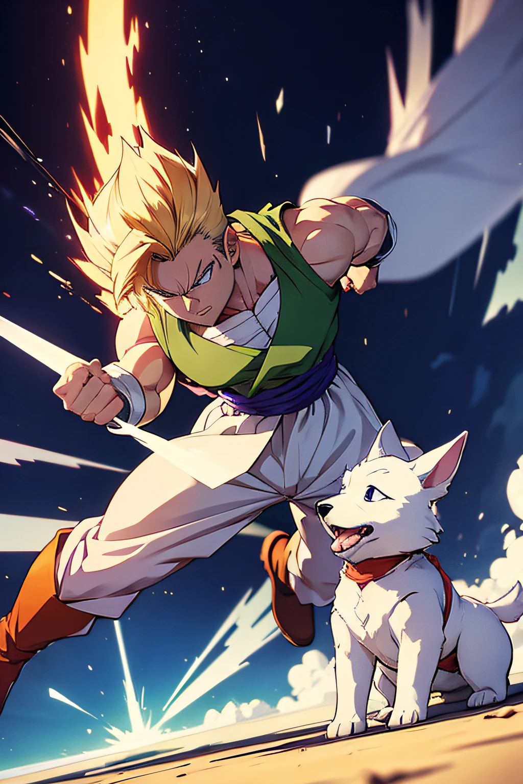 cartoon super hero gohan father and white dog together fighting a gundam