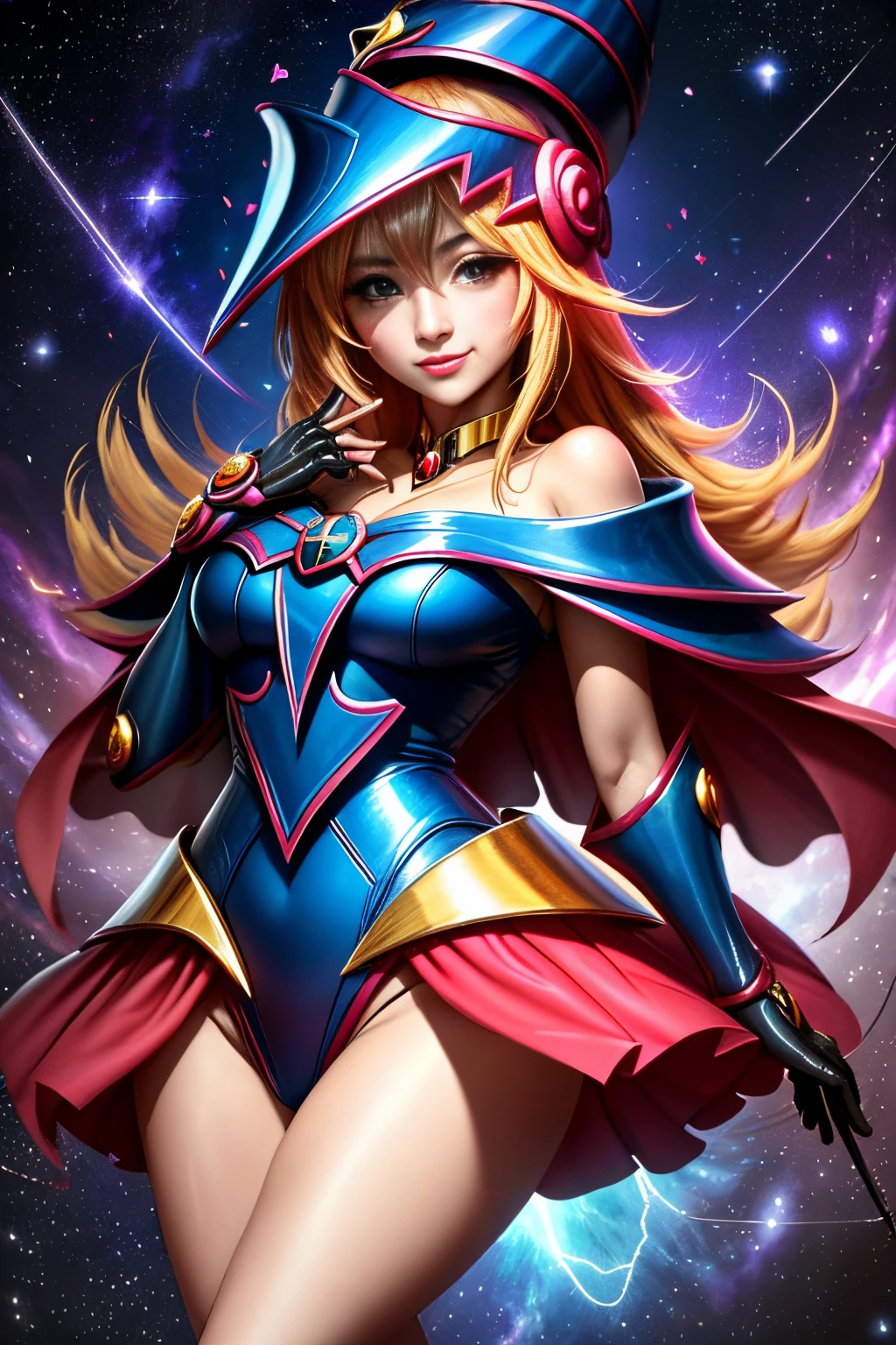 (masterpiece:1.2), (best quality:1.2), perfect lighting, Dark Wizard Girl Casting Spells, floating in the air, big breasts, neckline, magic background. hat, From above, A flash of magic、facing forward、Smile