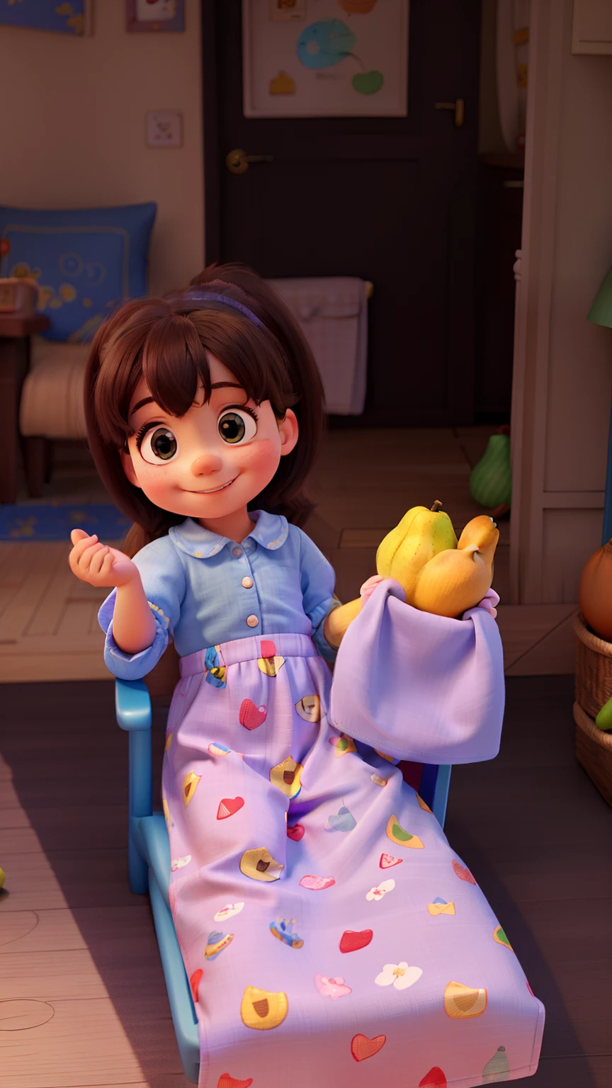 A 3 year old girl sitting on a blue bench the girl is dressed in Winnie the Pooh pajamas smiling with a pear in her hand