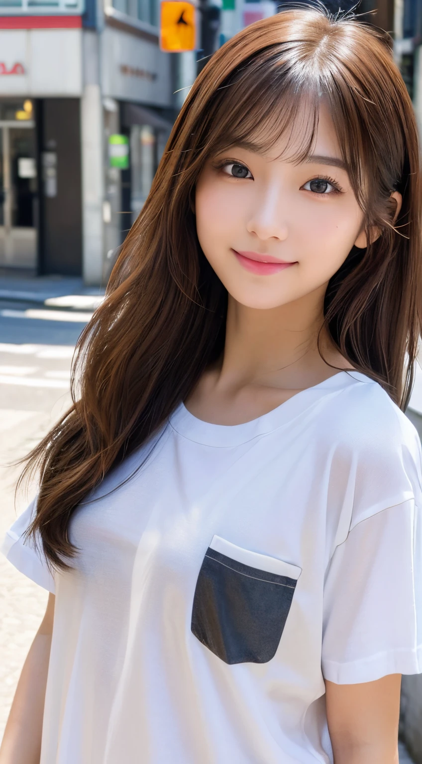(top-quality,8K quality,masterpiece:1.3,),(超高分辨率:1.3,真实感:1.4,Original photography:1.2),(ultra - detailed:1.2,Glossy glossy skin,Delicate skin:1.1),(详细的脸,perfect anatomia,Caustics),1 girl,kawaii,japanes,age 22,Japanese Ido,natural brown hair,Shoulder-length hair,pretty eyes,natural makeup,Oversized T-shirt,A smile,looking at the camera in,On the face,Face focus,on the street corner,Professional Writing,Natural soft light,