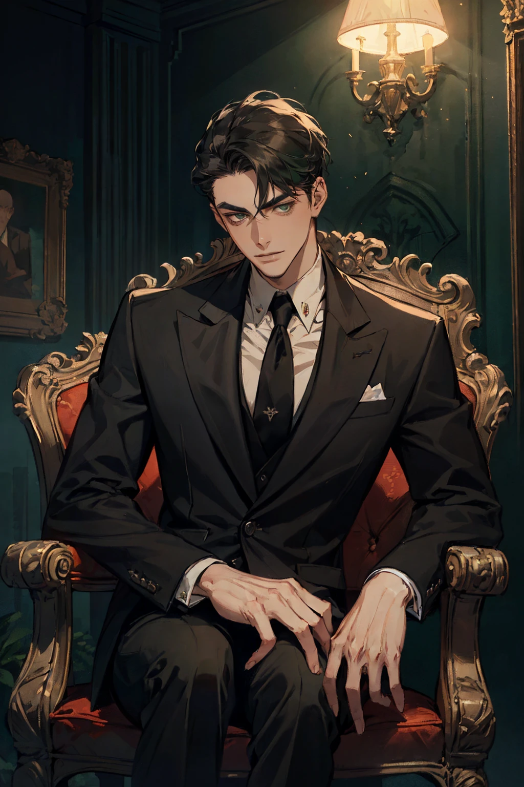 ((One young man with a black suit and tie)), gotham, alejandro, (((side swept dark short hair))), (dark green eyes and thick eyebrows), smirk, ((20 years old)), ((masterpiece)), posture dynamic, ((cinematic lighting)), (height tall around 5 foot 6), sitting on the chair