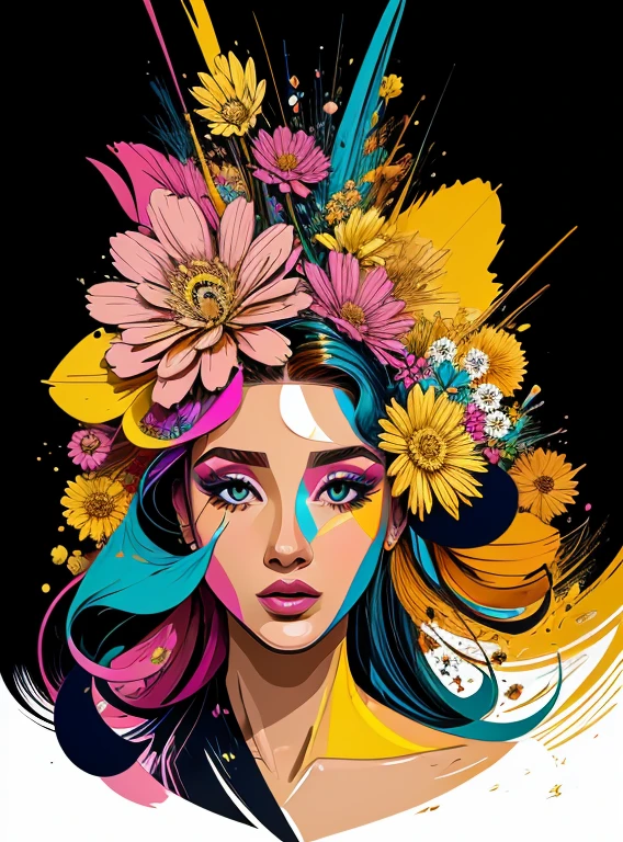 Criar uma obra de arte digital no estilo pop art, apresentando uma mulher vibrante e confiante com maquiagem ousada e moda colorida, pele negra, Cinematic Color Scheme, surrounded by abstract flower patterns, Energetic brushstrokes,Humor should be dynamic.