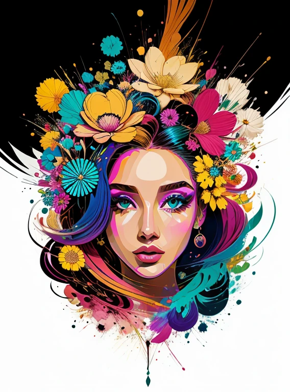 Criar uma obra de arte digital no estilo pop art, apresentando uma mulher vibrante e confiante com maquiagem ousada e moda colorida, pele negra, Cinematic Color Scheme, surrounded by abstract flower patterns, Energetic brushstrokes,Humor should be dynamic.