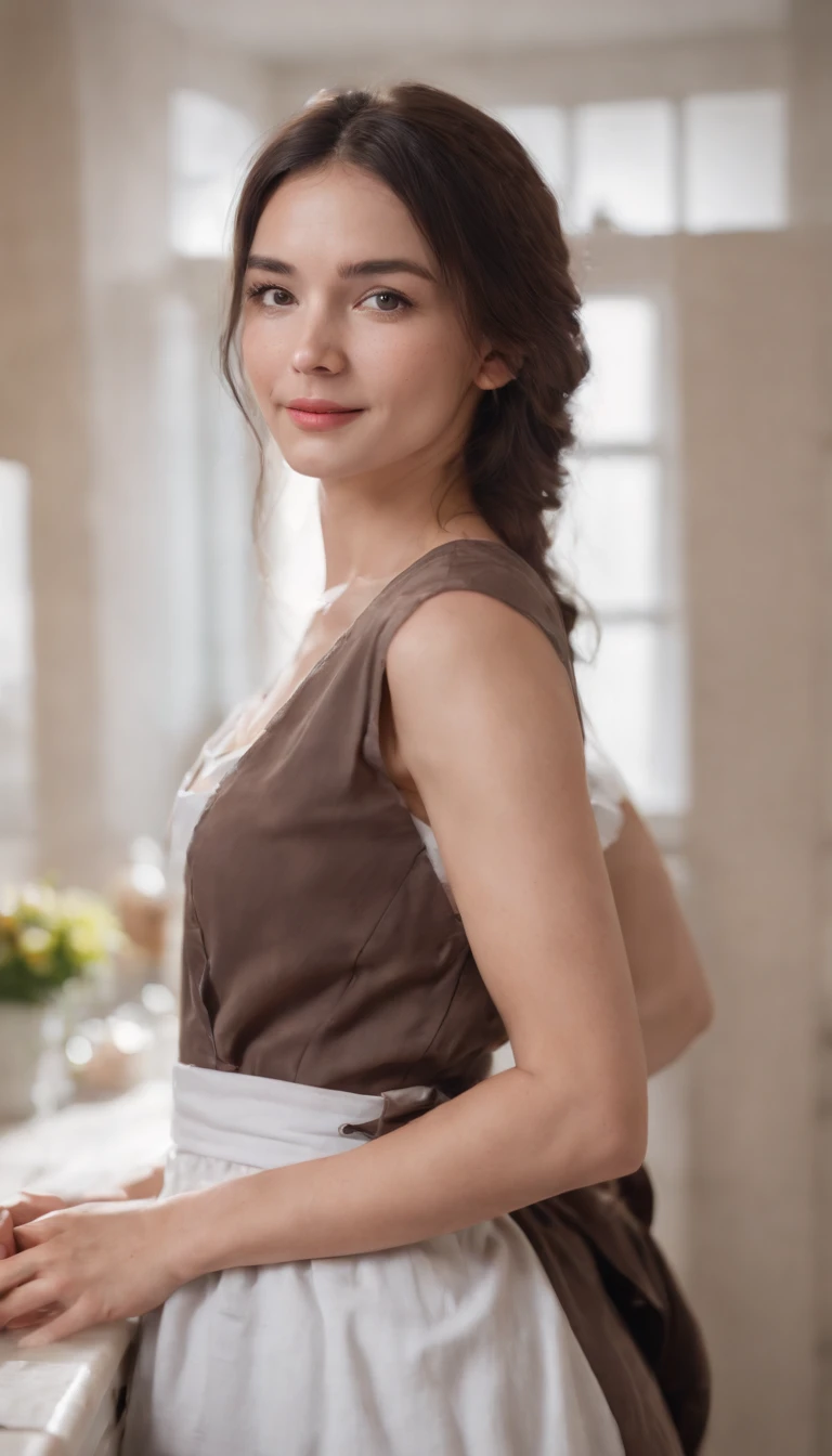 a closeup portrait of a playful maid, long hair, natural, naked, wearing an apron, amazing body, pronounced feminine feature, kitchen, [ash brown | black hair], freckles, flirting with camera