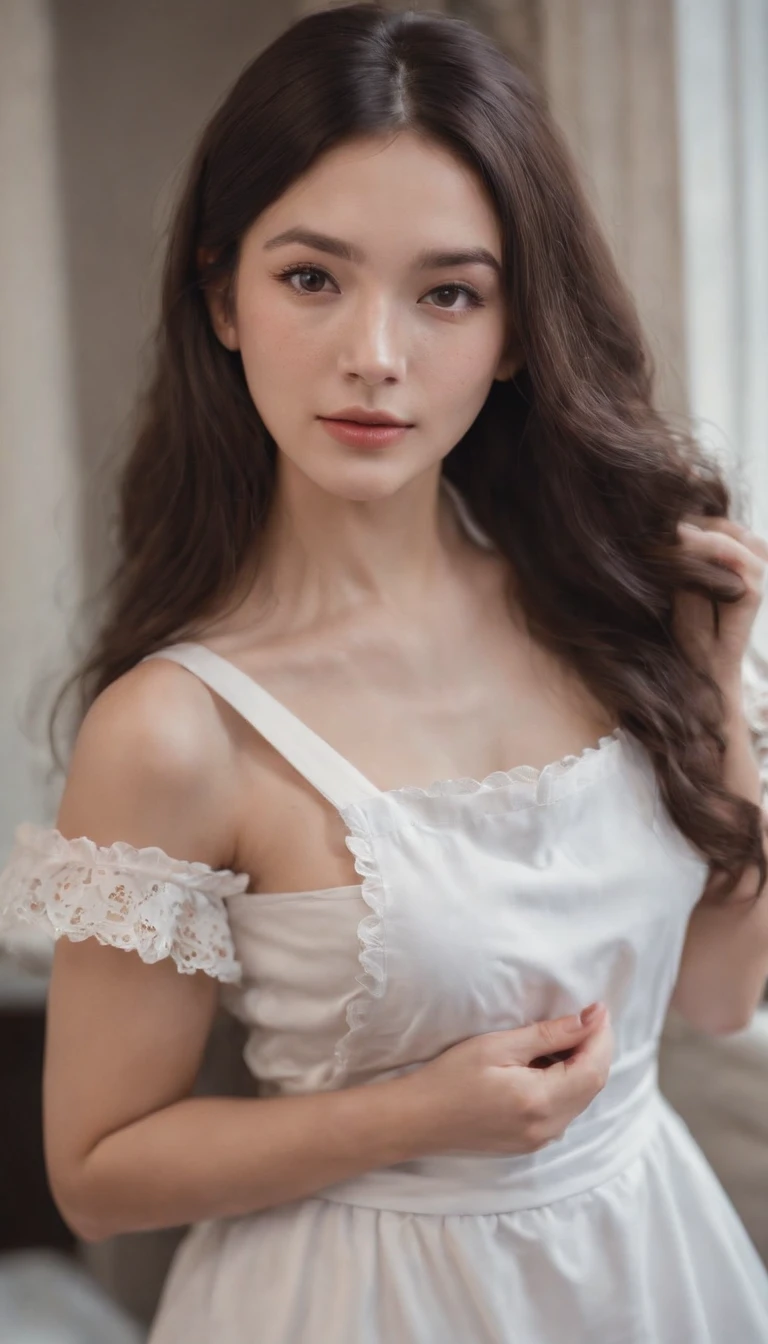 masterpiece:1.3), (8K, Photorealsitic, RAW Photography, Top image quality: 1.4), japanes, (1girl in), beauitful face, (lifelike face), (A dark-haired, short-hair:1.3), Beautiful hairstyle, realisticeyes, Eyes in Beautiful Details, (real looking skin), Beautiful skins, enticing, 超A high resolution, A hyper-realistic, High Detail, the golden ratio, (Detal Face:1.2), see the beholder,a smile,opened white shirt,middlebreast,is standing,put hands on the hip,an lingerie,full bodyesbian