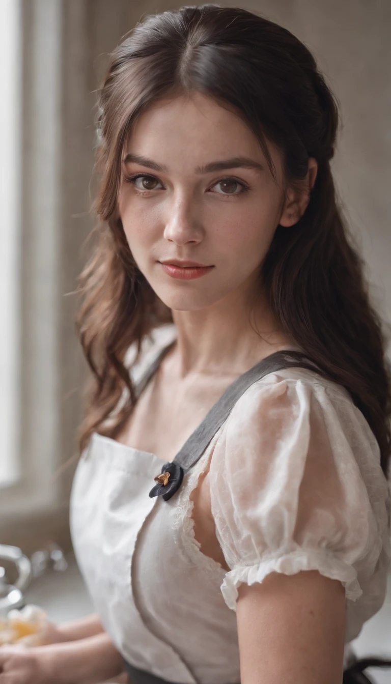 a closeup portrait of a playful maid, undercut hair, natural, naked brest,  wearing an apron, sideways, amazing body, pronounced feminine feature, kitchen, [ash brown| ginger | black hair], freckles, flirting with camera