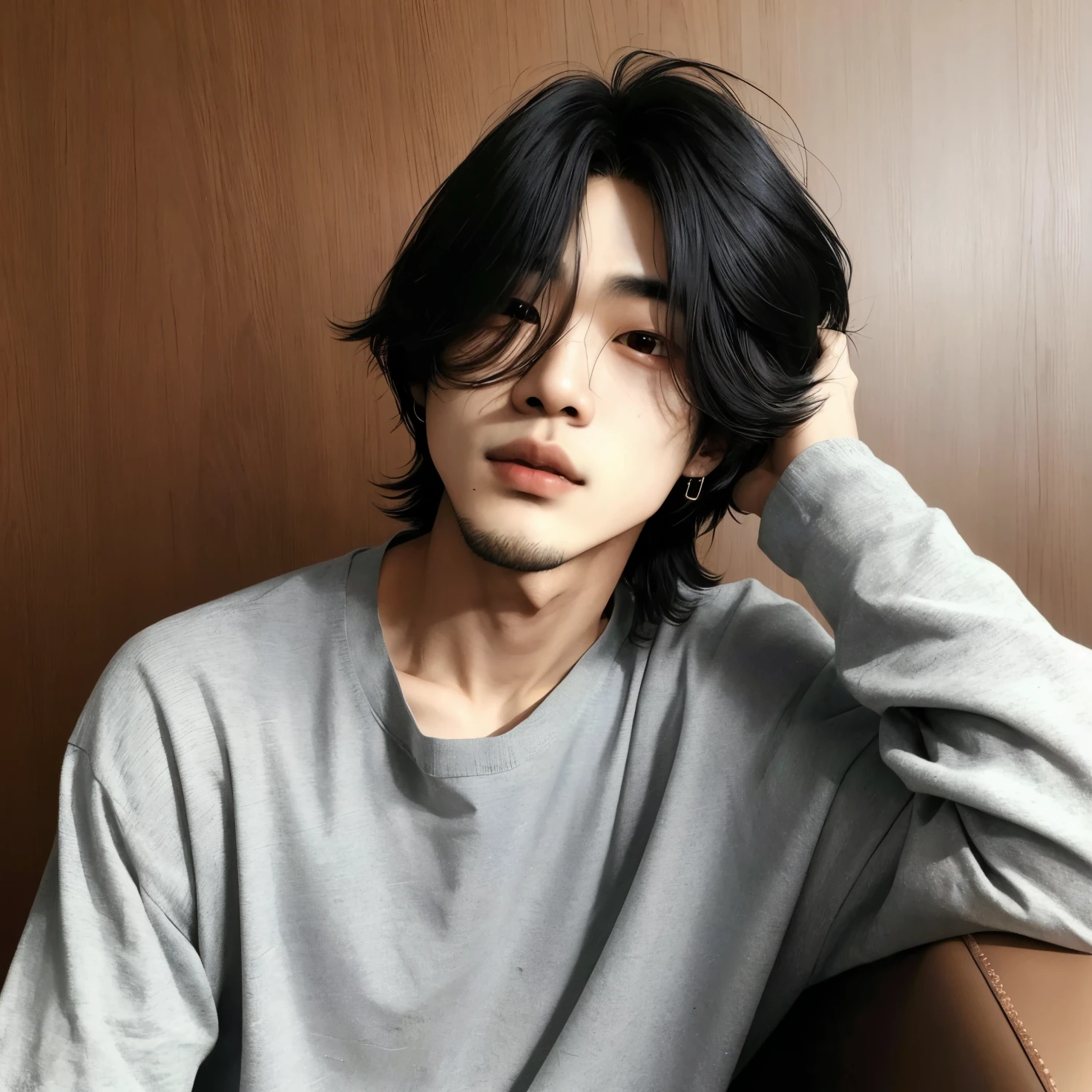 homem arafiado com uma camisa cinza e uma cadeira marrom, Jung Jaehyun, Ulzzang macho, com cabelos curtos, handsome japanese demon boy, delicate androgynous prince, Jinyoung Canela, Sui Ishida com cabelo preto, Beautiful androgynous prince, Kim Doyoung, tem cabelo preto curto, TaeJune Kim, Hyung Tae, retrato de alta qualidade