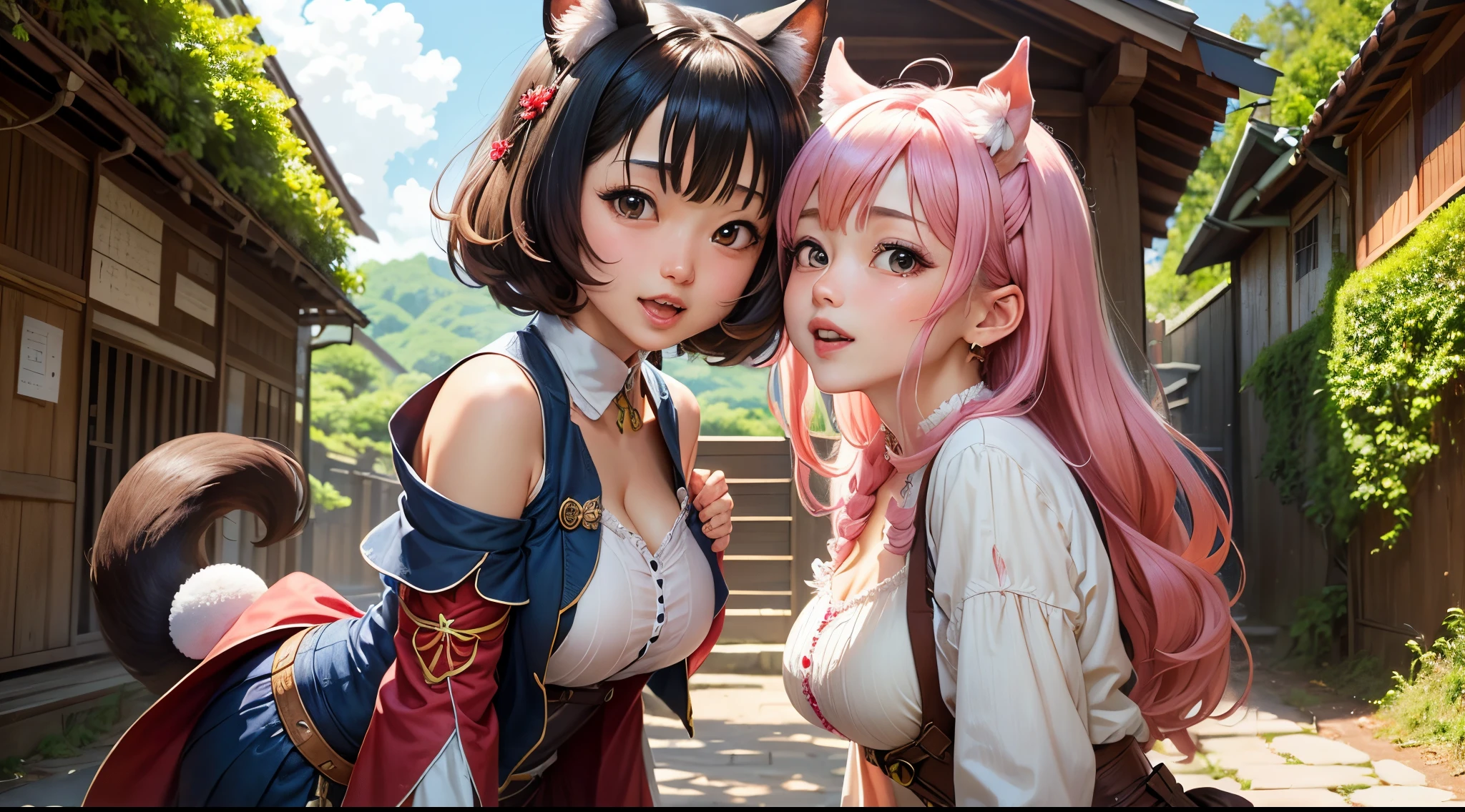 portrait, 1girl, young girl, cute girl, soft face, dark blue hair, anime hair, medium-long hair, yellow eyes, ninja, medieval, fantasy, RPG, cat ears, hidden human ears, at a medieval city, (best quality, masterpiece)