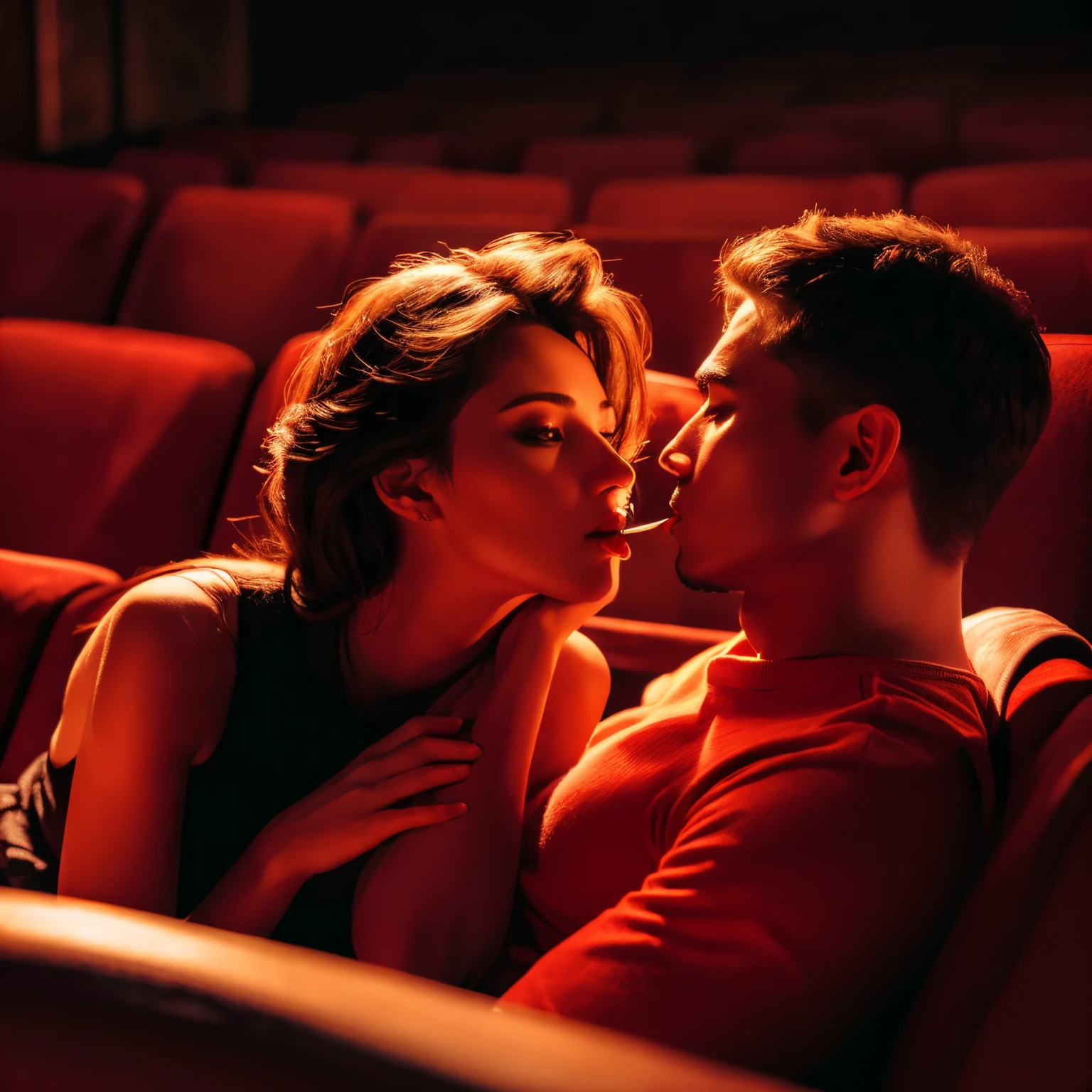 (best quality,highres,masterpiece:1.2),a girl giving sexual services like fellatio to a man sitting next to her while watching a movie in theater,realistic,soft lighting,vivid colors,portraits,adult,secretive,pleasure,desire,temptation,seductive gaze,naughty,hushed atmosphere,red lipstick,intimate atmosphere,dark theater,enticing,erotic fantasy