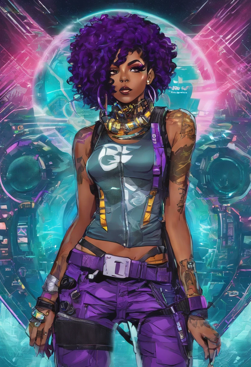 The most beautiful and sexy punk rock girl, black Afro, black and purple, blue hair, yellow eyes, dark skin, full body, wearing a hoodie, Graphic design jacket and torn skinny jeans, tons of tattoos and piercings, Perfect masterpiece, high quality, High resolution, big tits