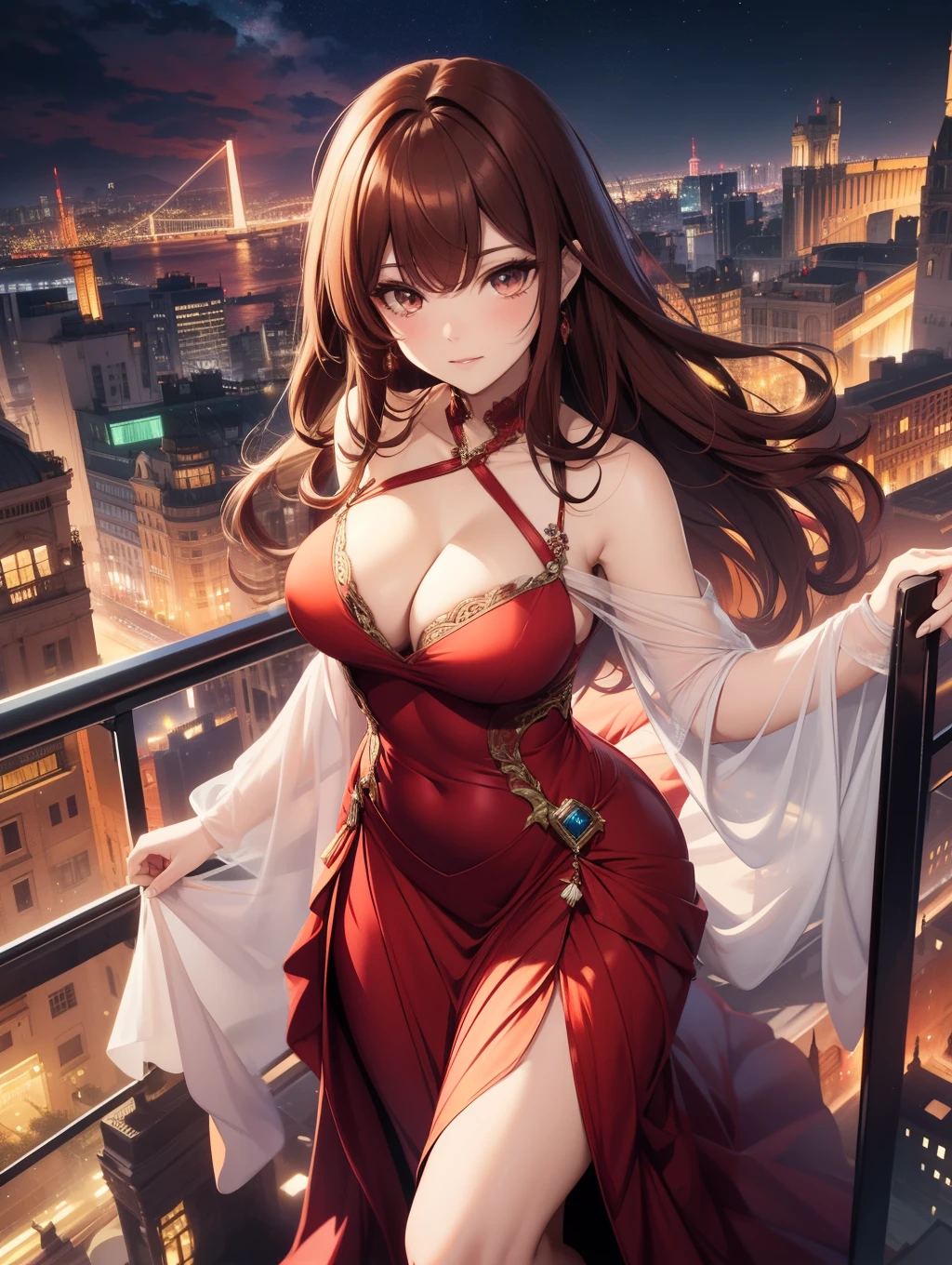Best Quality, masutepiece, beautiful mature women、Beautiful face、Strong-minded woman、Succubus、(Gorgeous Red Long Dress:1.5)、(brown haired、Bangs are asymmetrical)、(Brown-eyed)、Longhaire、Undersized eyes、(night city landscape)、BREAK(Overlooking the city from the air、poseing、Full body like)