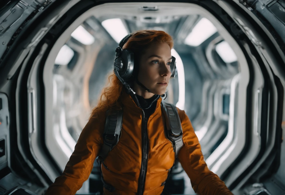 Masterpiece, superlative, realistic, female space pilot wearing a futuristic space suit, latex, gold, white, shiny, top, shorts, bare waist, HD, the girl is floating around in horizontal pose, no gravity, weightless, flying around, through a small window a alien planet is visible, low light in the space cabin, lots of displayers and instruments are the main source for the light in the scene, displayers in orange and blue light, cinematic lighting in the hair, hair light, hair flying around because of the zero gravity