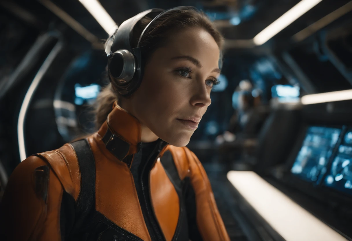 Masterpiece, superlative, realistic, female space pilot wearing a futuristic space suit, latex, gold, white, shiny, top, shorts, bare waist, HD, the girl is floating around in horizontal pose, no gravity, weightless, flying around, through a small window a alien planet is visible, low light in the space cabin, lots of displayers and instruments are the main source for the light in the scene, displayers in orange and blue light, cinematic lighting in the hair, hair light, hair flying around because of the zero gravity