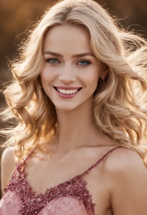 une femme magnifique, blonde, yeux bleus, mince, visage ultra-réaliste, elle porte un magnifique sourire, elle est située au cen...