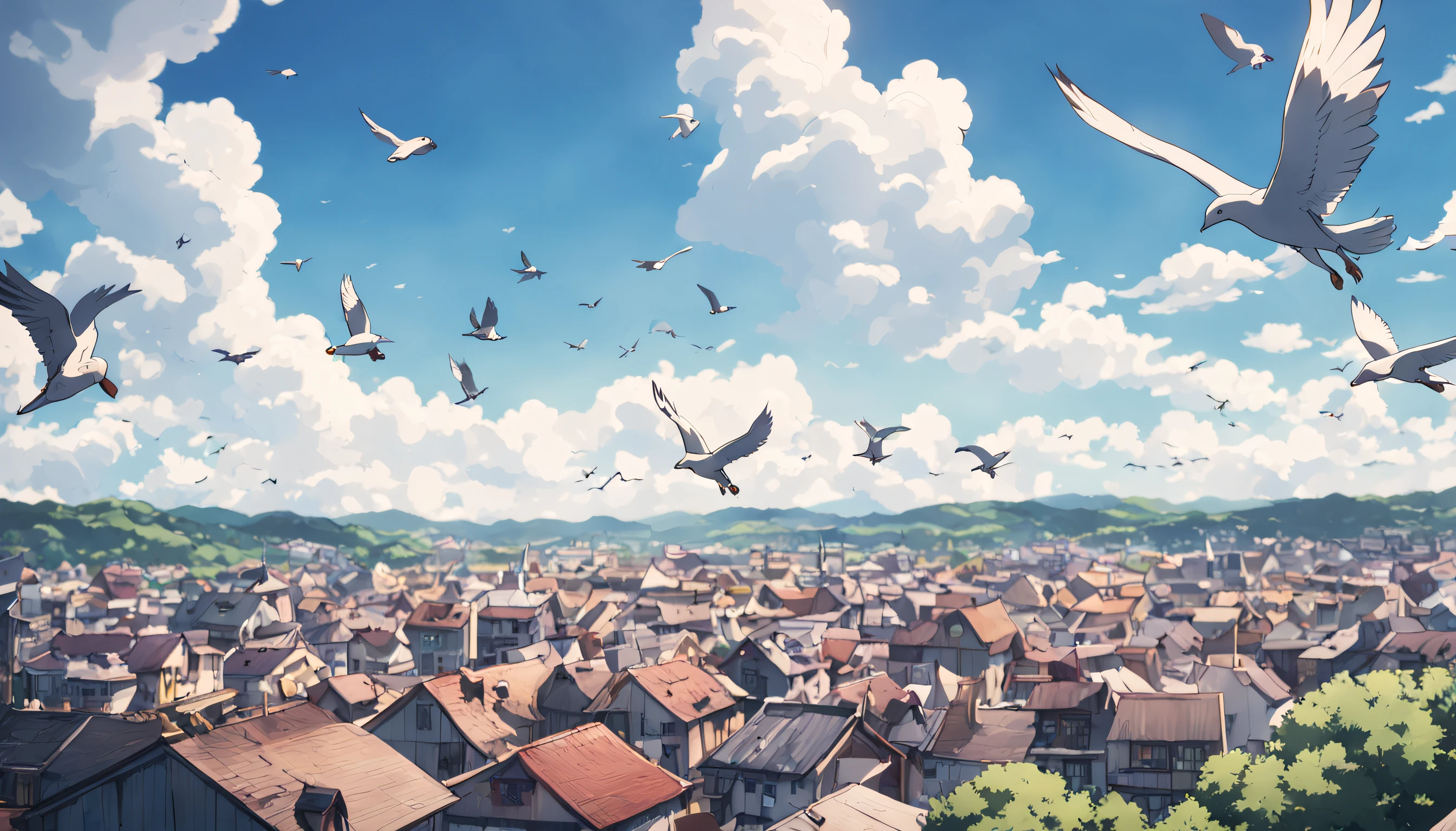 a cinematic still from an anime movie, clear sky with few clouds, sunny afternoon, few flying birds, quaint town below high res, Sony fe 24-70mm f/2.8 gm, 32k UHD, moody lighting, muted cinematic color grading --ar 16:9