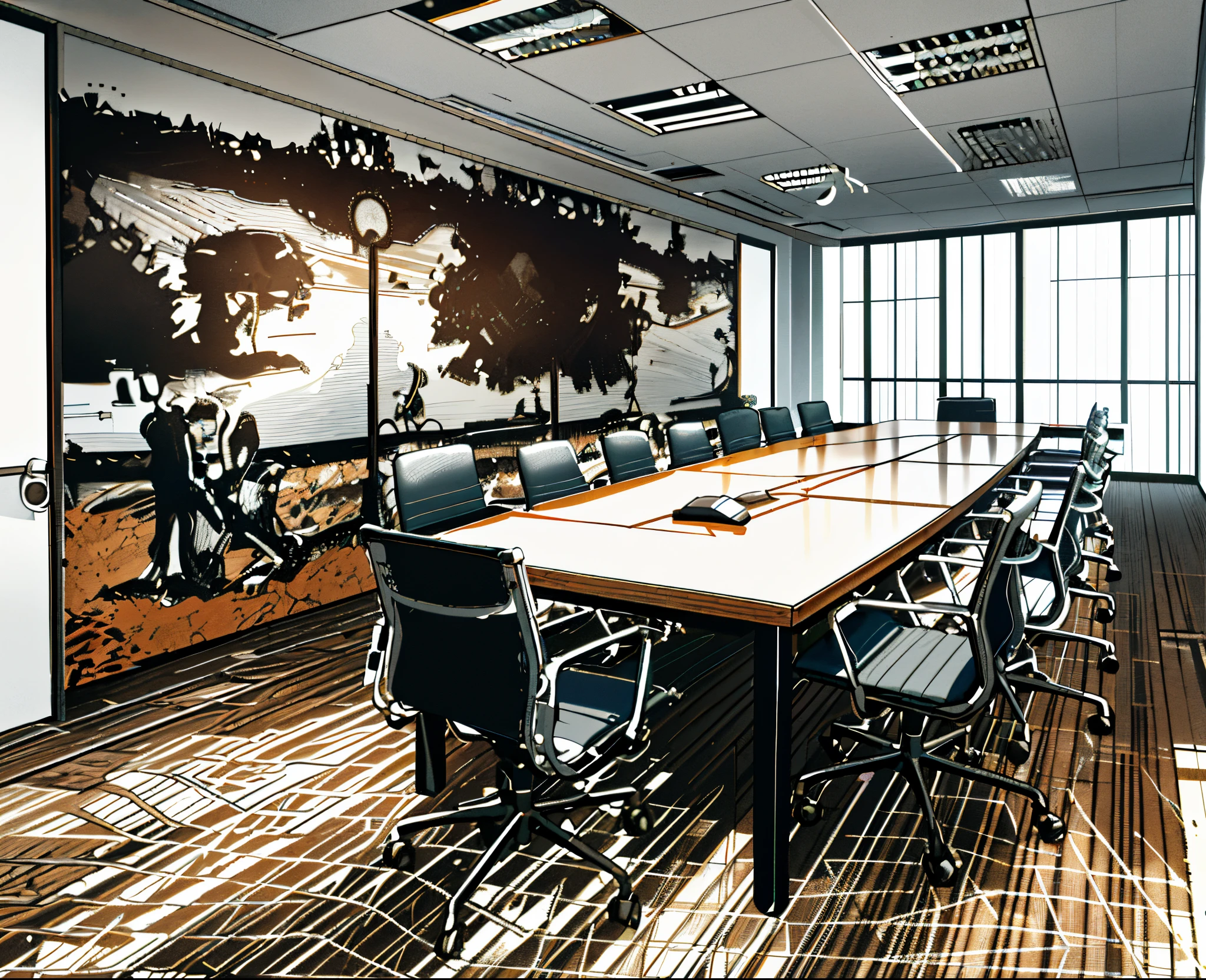 arafed conference room with a large table and chairs, meeting room, in a meeting room, professional artwork, office interior, bold graphics, offices, by Salomon van Abbé, cubical meeting room office, dramatic artwork, by Hugo van der Goes, office room interior, professional unique masterpiece, detailed surroundings, graphic”, work of art, a hyper realistic