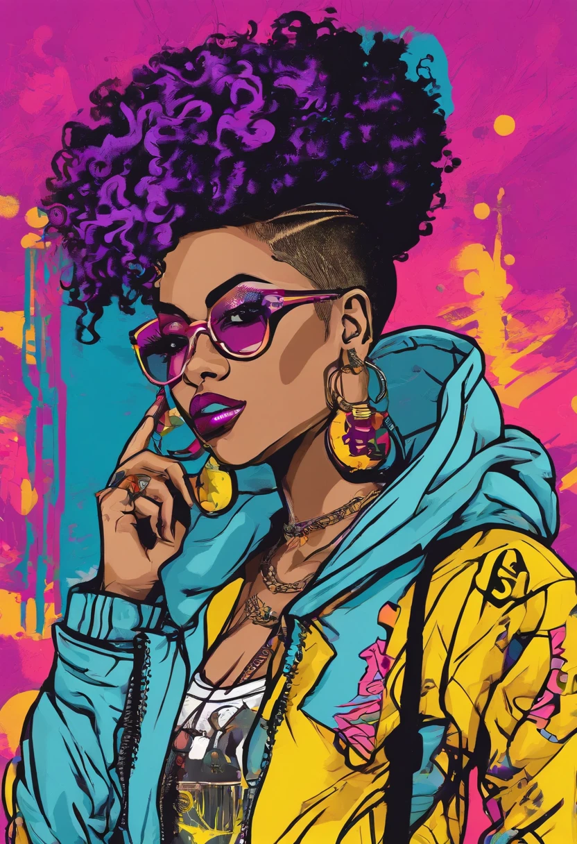 The most beautiful and sexy punk rock girl, black Afro, black and purple, blue hair, yellow eyes, dark skin, full body, wearing a hoodie, Graphic design jacket and torn skinny jeans, tons of tattoos and piercings, Perfect masterpiece, high quality, High resolution, big tits