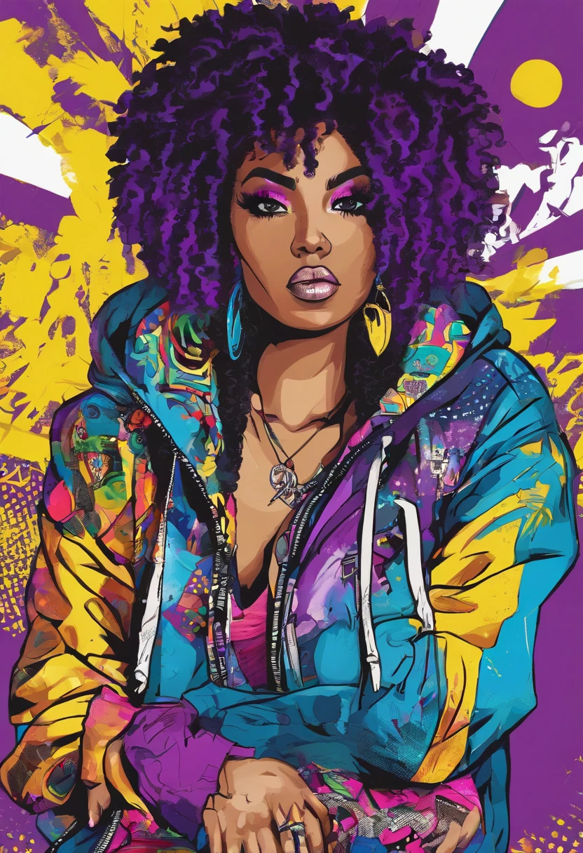 The most beautiful and sexy punk rock girl, black Afro, black and purple, blue hair, yellow eyes, dark skin, full body, wearing a hoodie, Graphic design jacket and torn skinny jeans, tons of tattoos and piercings, Perfect masterpiece, high quality, High resolution, big tits