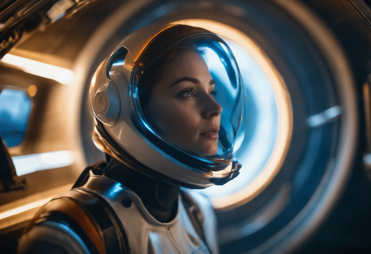 Masterpiece, superlative, realistic, female space pilot wearing a futuristic space suit, latex, gold, white, shiny, top, shorts, bare waist, HD, the girl is floating around in horizontal pose, no gravity, weightless, flying around, through a small window a alien planet is visible, low light in the space cabin, lots of displayers and instruments are the main source for the light in the scene, displayers in orange and blue light, cinematic lighting in the hair, hair light, hair flying around because of the zero gravity
