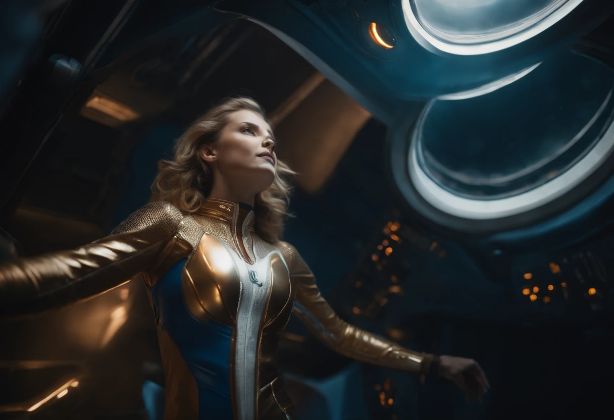 Masterpiece, superlative, realistic, female space pilot wearing a futuristic space suit, latex, gold, white, shiny, top, shorts, bare waist, HD, the girl is floating around in horizontal pose, no gravity, weightless, flying around, through a small window a alien planet is visible, low light in the space cabin, lots of displayers and instruments are the main source for the light in the scene, displayers in orange and blue light, cinematic lighting in the hair, hair light, hair flying around because of the zero gravity