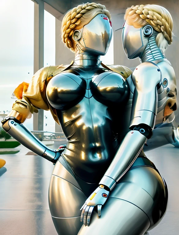 HQ 8K digital art, perfect HD quality, Best quality, yellow jacket, braided hair, robot, 2 robot maids, flexing muscular arms, Greek Goddess, Russian super model, silver skin, [[no face]], round breasts, huge breasts, cleavage, breasts