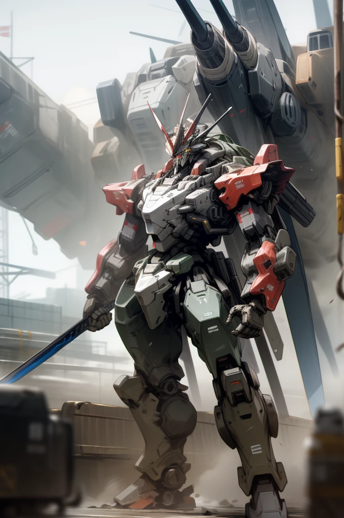 Realistic, mecha, holding_weapon, no_humans, armored core, missiles, standing, 4k,