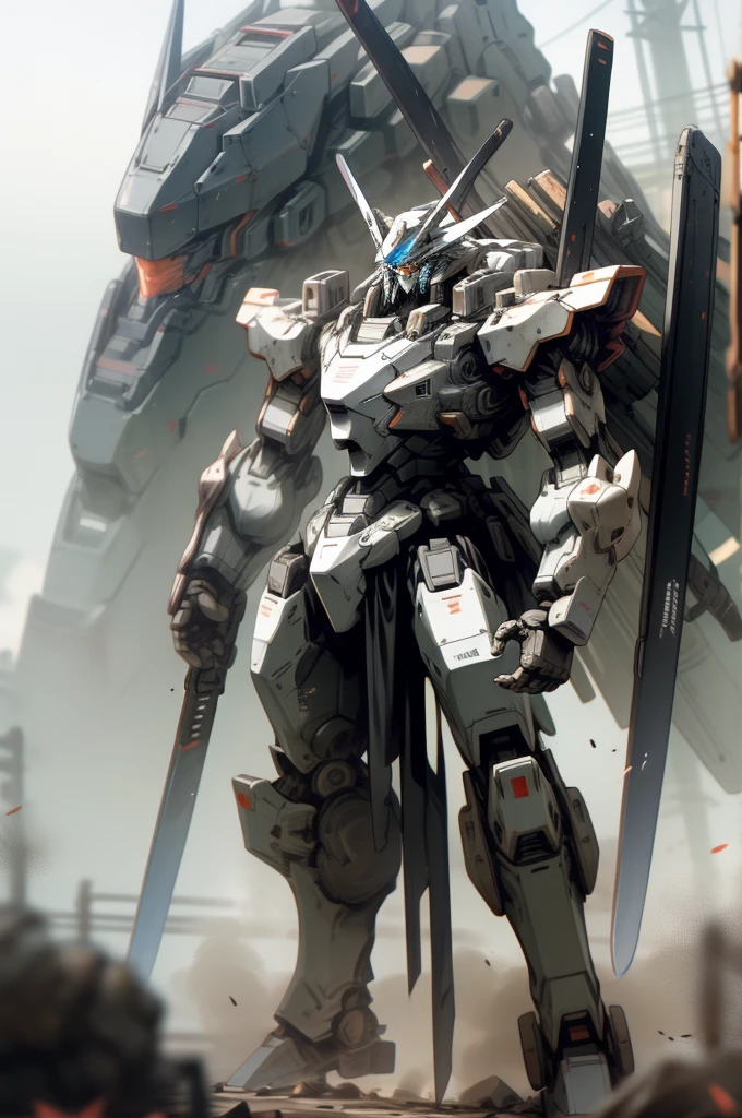 Realistic, mecha, holding_weapon, no_humans, armored core, missiles, standing, 4k,