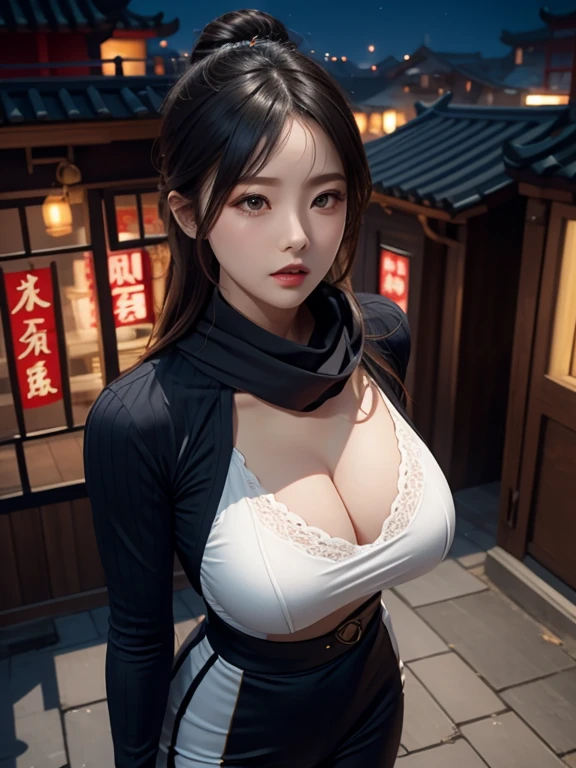 Female ninja in sexy clothes, tight clothes, the clothes at the waist are made of net holes, the clothes on the chest are also open showing a lot of cleavage, the chest is big and Solid, big thighs, showing the whole body, slim waist, hair tied back, serious facial expression targeting the enemy, elegant, erotic, wearing a flowing black scarf, view from above, h cup bust size, very big boobs, cleavage, background Chinese city at night